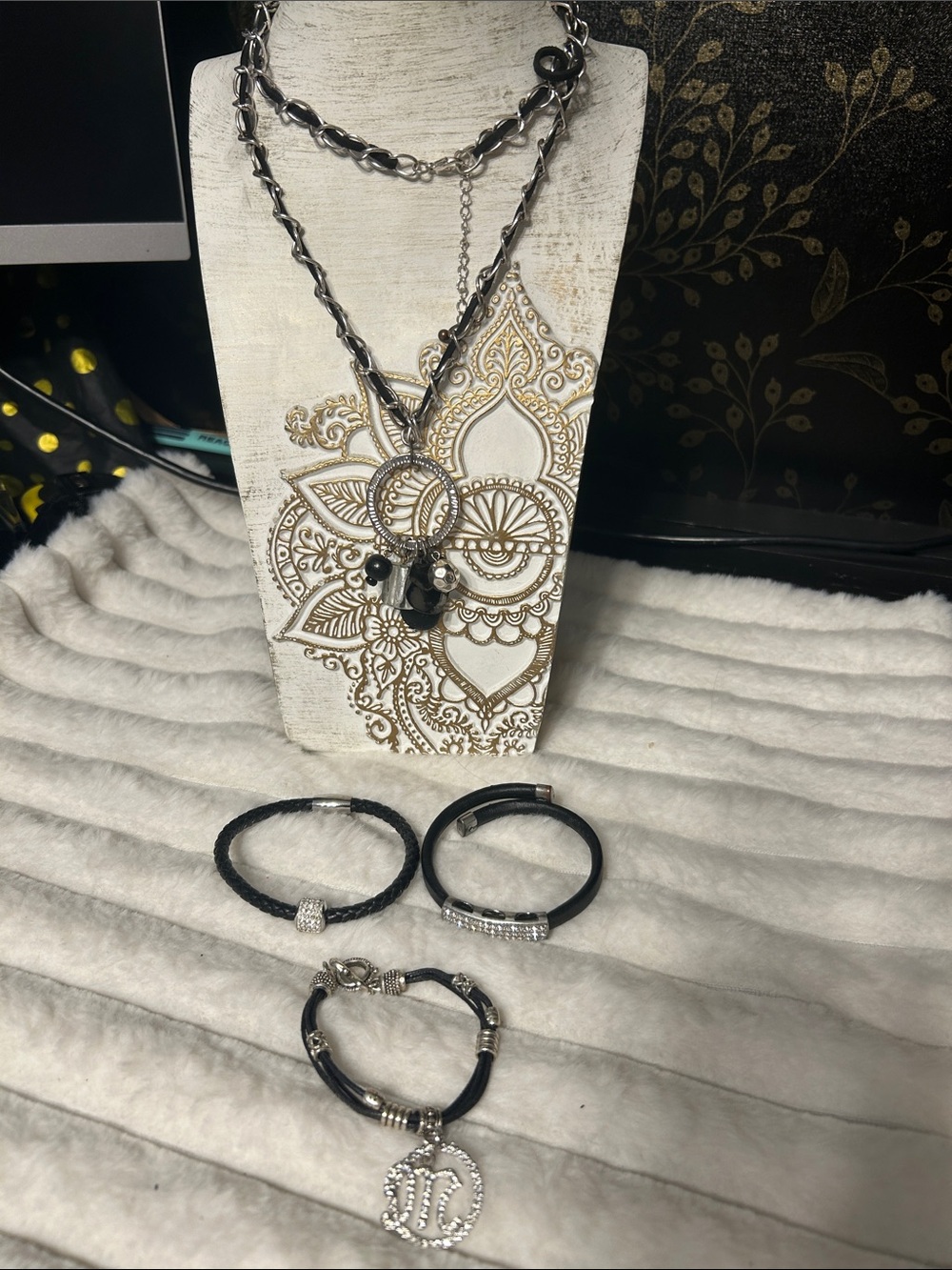 Black and Silver Layered Necklace and Bracelet Set - 4 piece